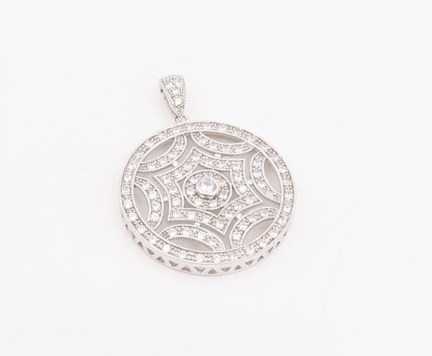 925 Sterling Silver Vintage Pendant CZ Openwork Geometric Medallion  PT25874