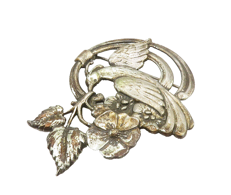 925 Sterling Silver  Vintage Dark Tone Bird Floral Vine Brooch Pin  BP5723