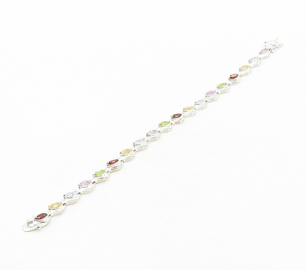 925 Sterling Silver  Topaz Peridot & Amethyst Shiny Chain Bracelet  BT6420