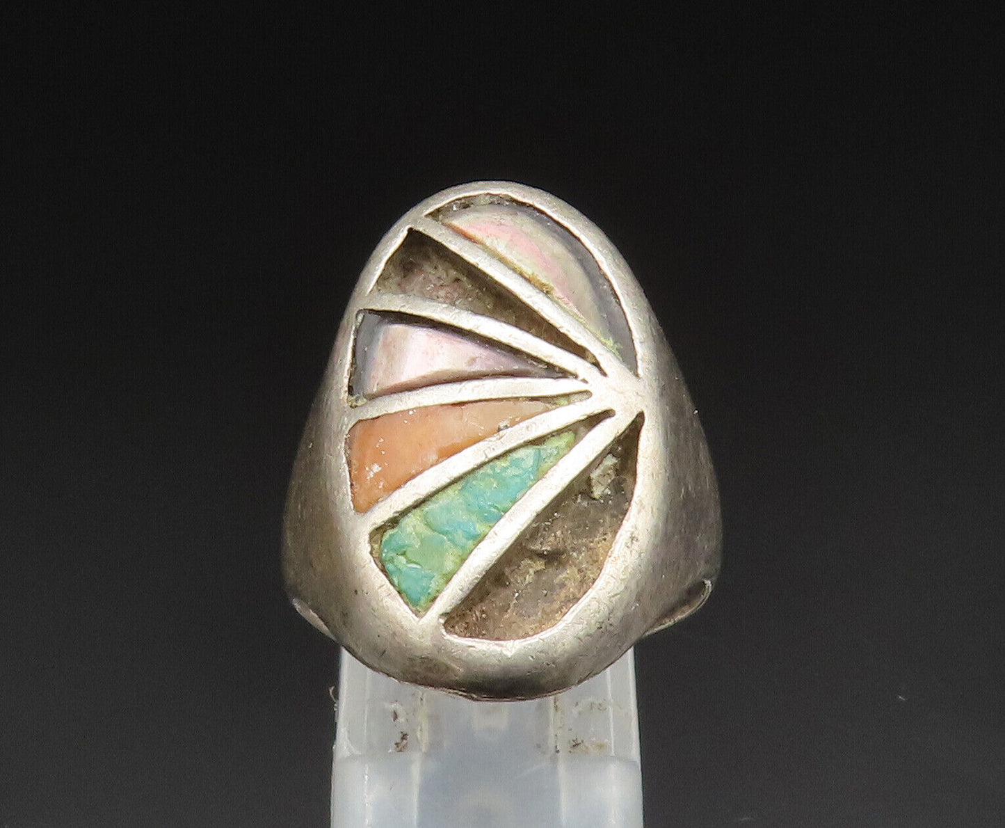 ZUNI NAVAJO 925 Silver  Vintage Turquoise Abalone Signet Ring Sz 10  RG24751