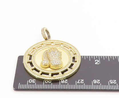 925 Sterling Silver Vintage Pendant Gold Plated CZ Praying Hands Medal   PT25259