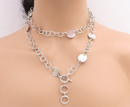 925 Sterling Silver Vintage Necklace Geometric Chain With Toggle Clasp   NE4682