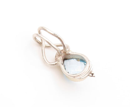 925 Sterling Silver Vintage Pendant Modernist Drop Cut Blue Topaz  PT23959