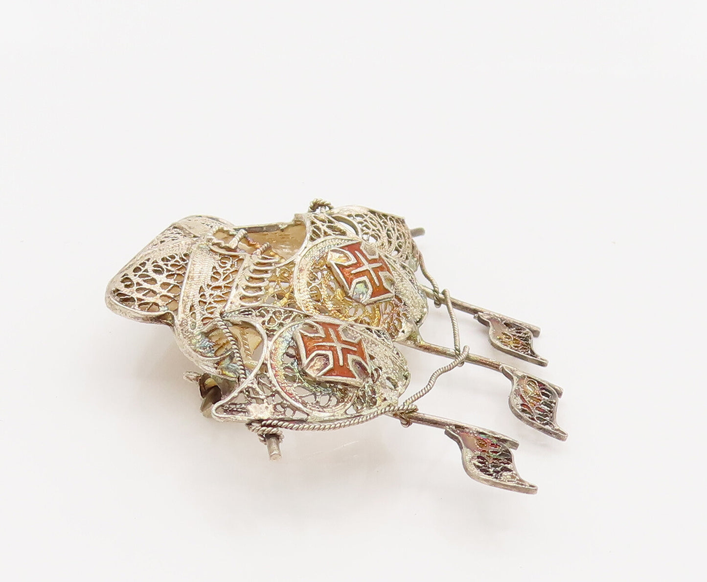 925 Silver  Vintage Enamel Cross Filigree Sailboat Ship Brooch Pin  BP10155