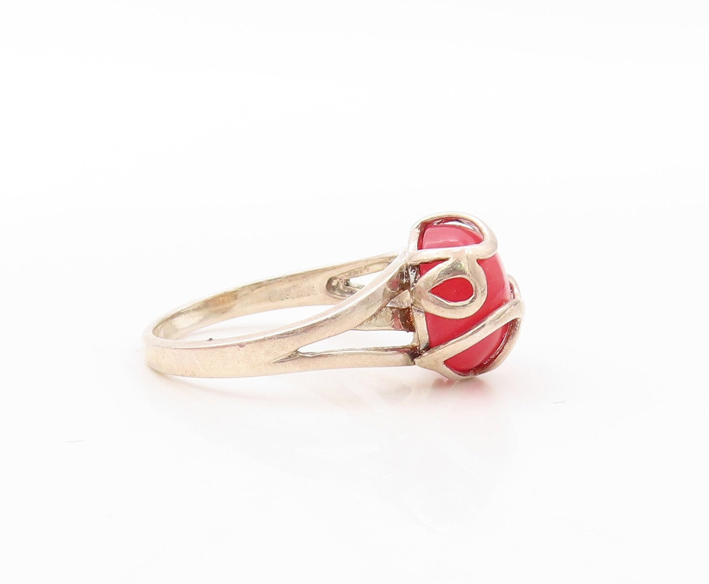 925 Sterling Silver Vintage Ring Modernist Caged Red Gemstone Sz 7  RG30694