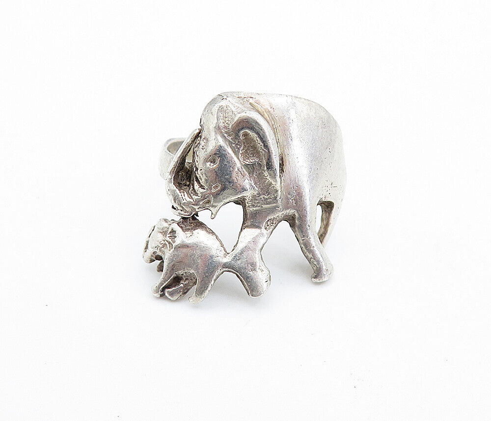 925 Sterling Silver  Vintage Mom & Baby Elephant Band Ring Sz 5.5  RG6606