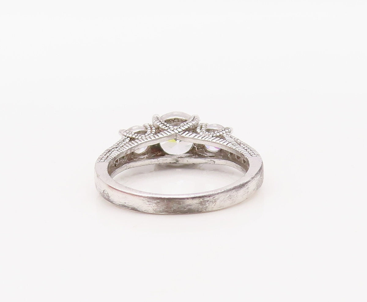 925 Sterling Silver Vintage Ring Modernist 3 White CZ Inlay  Sz 7  RG30295
