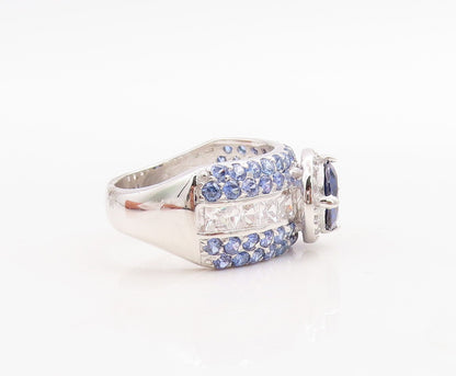 925 Sterling Silver Vintage Ring Designer Sapphire & CZ Inlay  Sz 8.5  RG30973