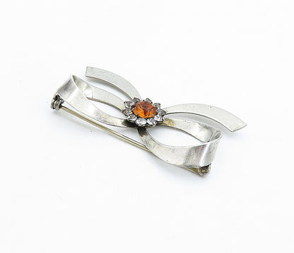 925 Sterling Silver  Vintage Citrine & Topaz Bow Tied Ribbon Brooch Pin BP2071