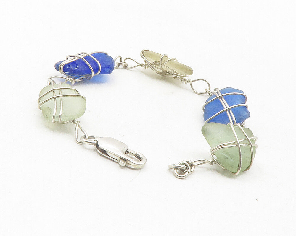 925 Sterling Silver  Wire Wrapped Blue & White Quartz Chain Bracelet  BT4748