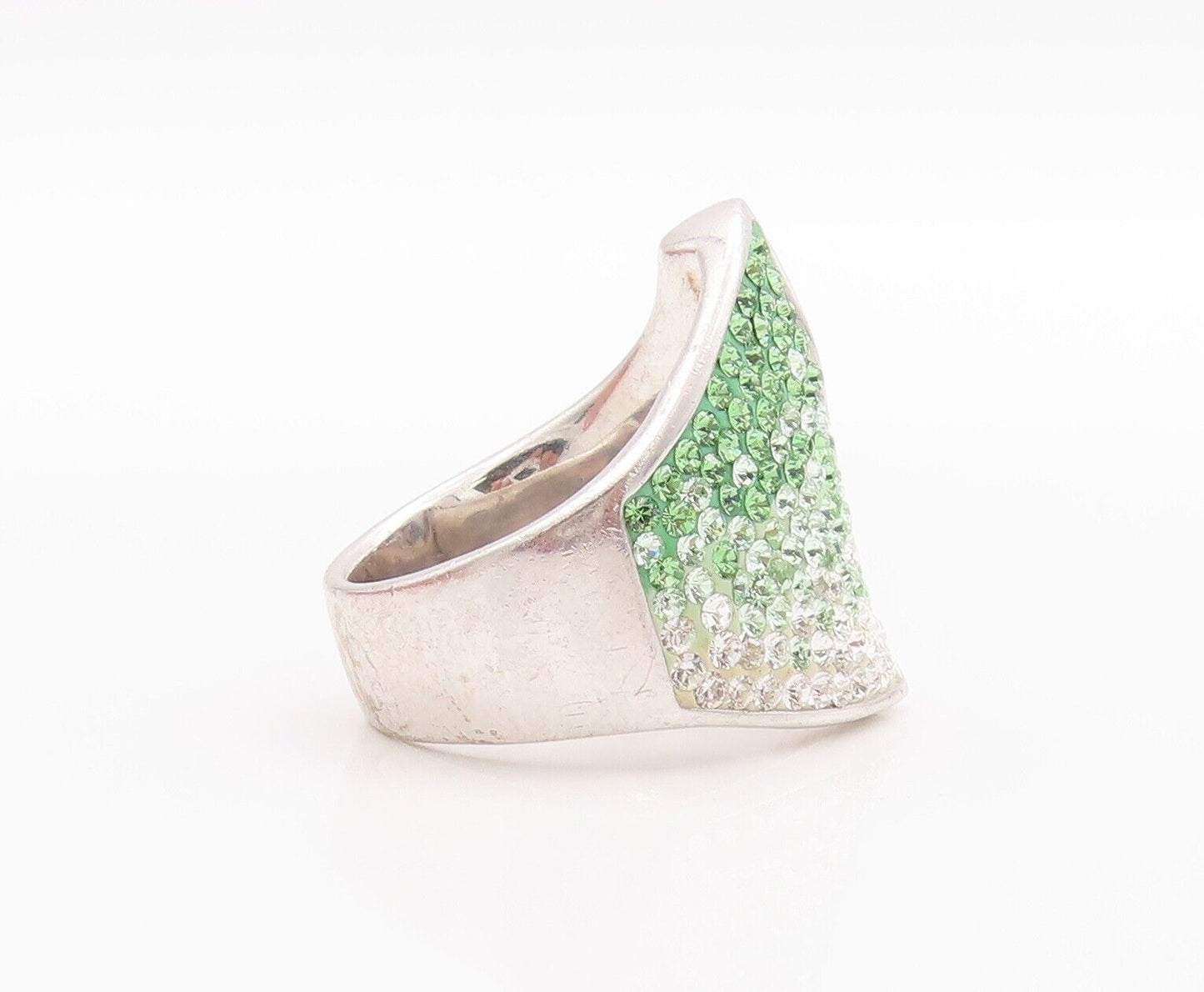 925 Sterling Silver Vintage Ring Green Rhinestone Inlay Sz 6.5 RG28618
