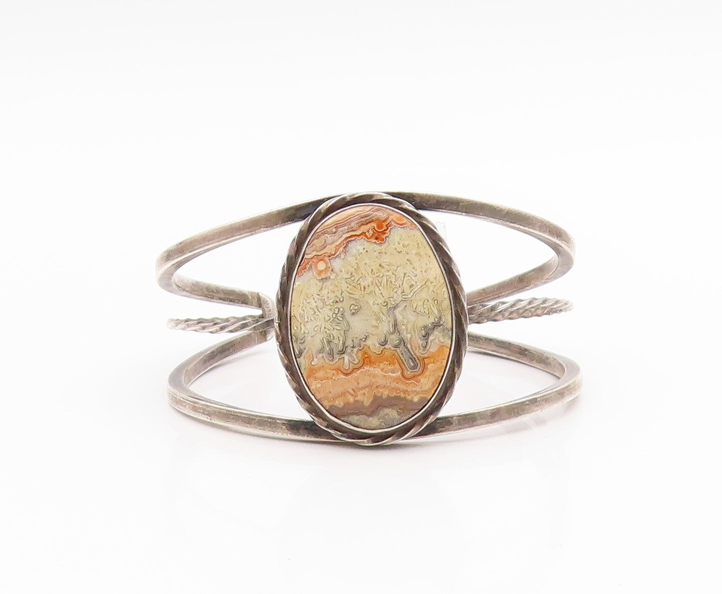 925 Sterling Silver Vintage Bracelet SOUTHWESTERN Cabochon Agate Cuff BT11654