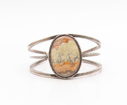 925 Sterling Silver Vintage Bracelet SOUTHWESTERN Cabochon Agate Cuff BT11654