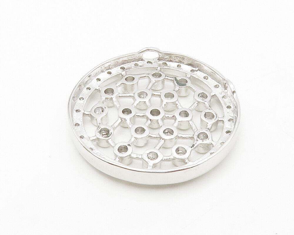 925 Sterling Silver  Shiny White Topaz Open Design Round Pendant  PT10787