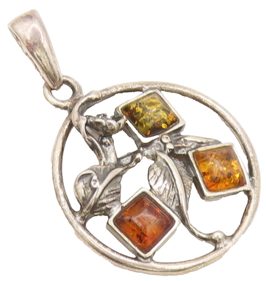 POLAND 925 Sterling Silver  Vintage Floral Cutout Amber Round Pendant  PT22406