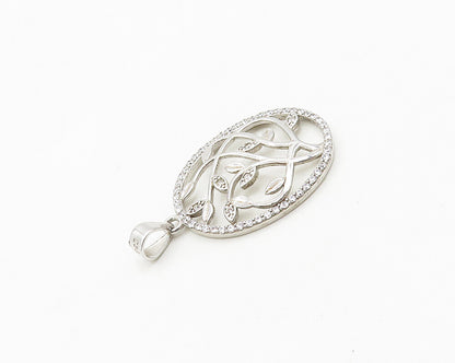 925 Sterling Silver  Shiny White Topaz Floral Vine Motif Pendant  PT14617