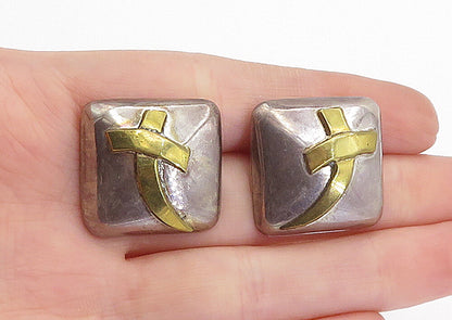 MEXICO 925 Sterling Silver  Vintage Two Tone Square Dome Drop Earrings  EG2170