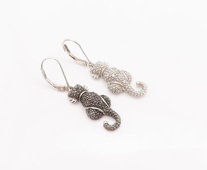 925 Sterling Silver Vintage Earrings Two Tone Diamonds Sitting Cats  EG12969