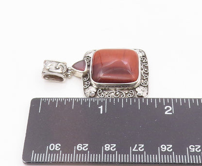 925 Silver  Vintage Tiger's Eye & Garnet Floral Swirl Border Pendant  PT21865