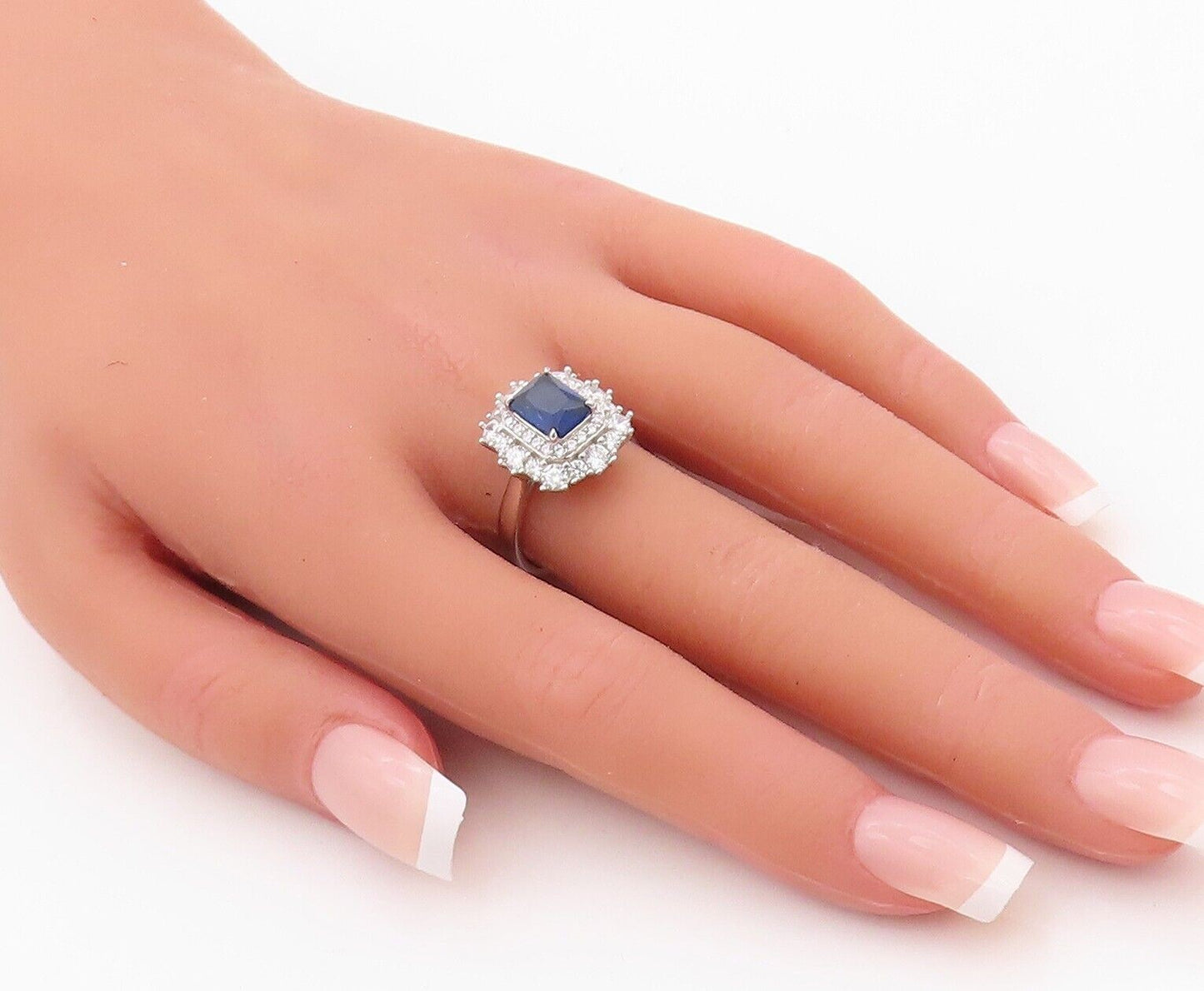 925 Sterling Silver Vintage Ring Rectangle Cut Sapphire Halo CZ  Sz 7  RG29986