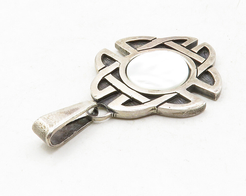 925 Sterling Silver Vintage Mother Of Pearl Celtic Knot Drop Pendant PT9870