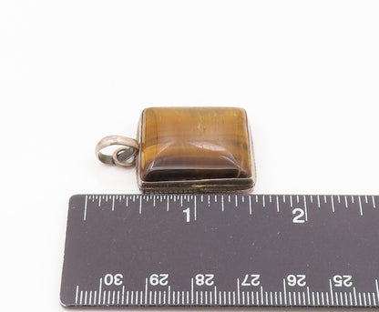 925 Sterling Silver  Vintage Cabochon Cut Tiger's Eye Square Pendant  PT12176