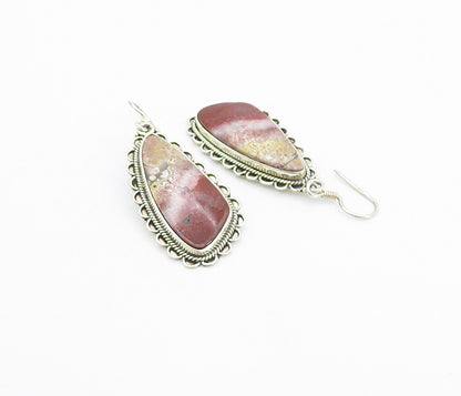 925 Sterling Silver  Vintage Jasper Wavy Twist Border Dangle Earrings  EG3568