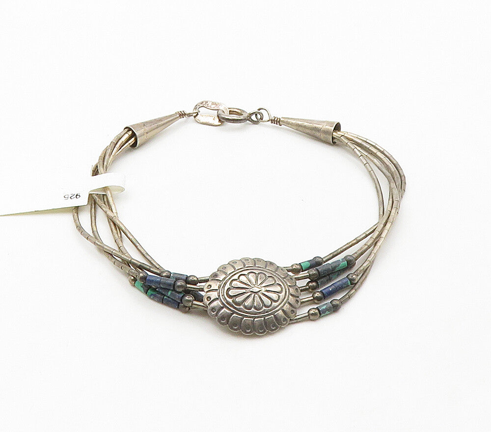 NAVAJO 925 Silver Vintage Azurite Beaded Multi Strand Chain Bracelet BT6296