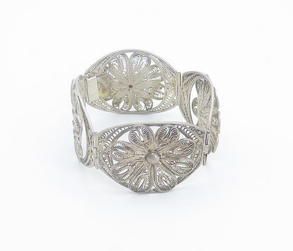 MEXICO 925 Sterling Silver  Vintage Filigree Flower Panel Bracelet  BT3405