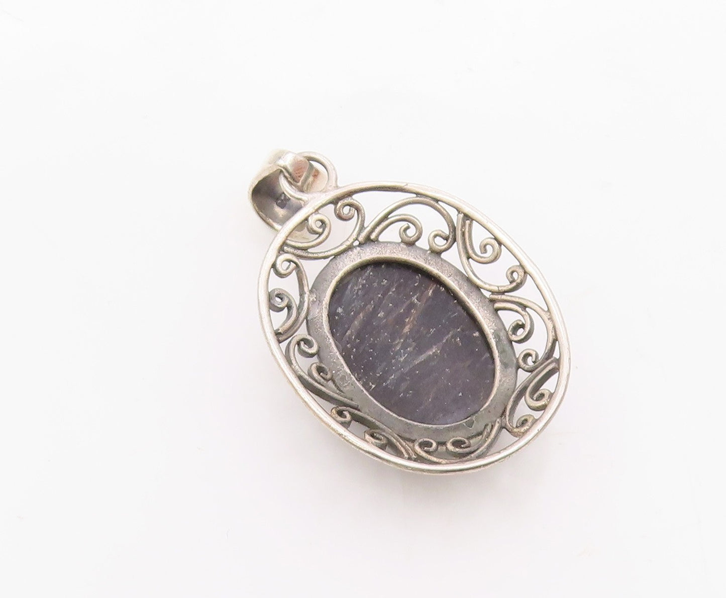 925 Sterling Silver  Vintage Cabochon Cut Obsidian Twist Pendant  PT14367