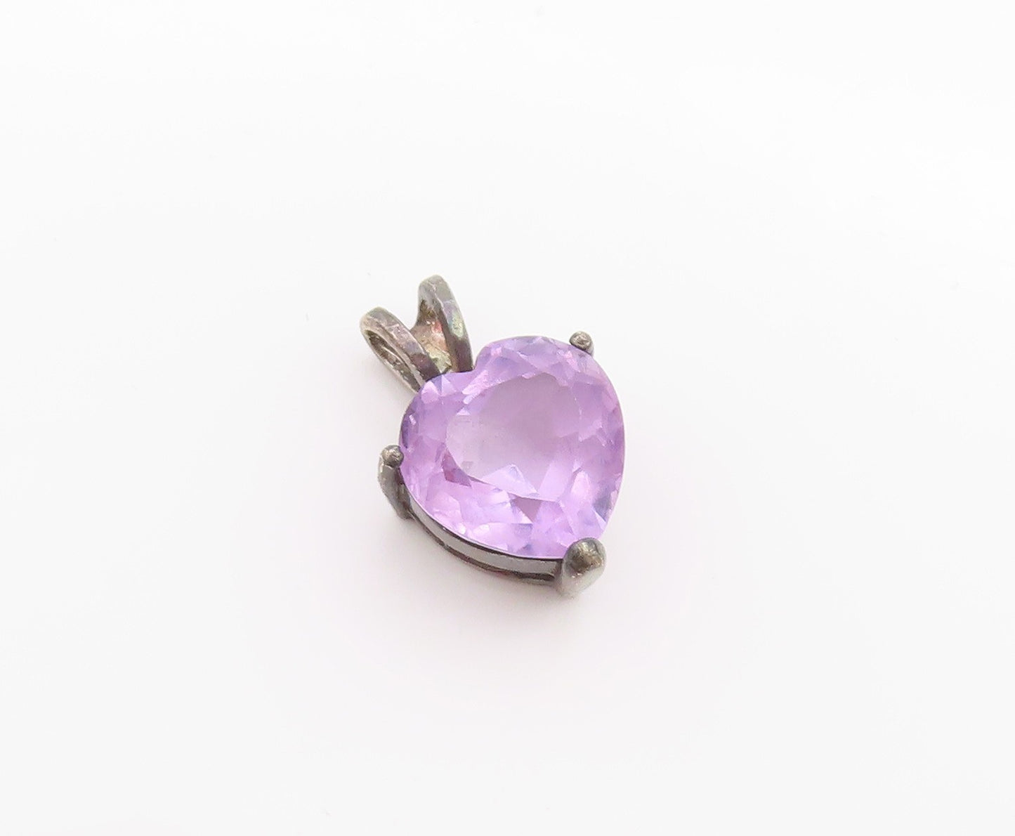 925 Sterling Silver Vintage Pendant Faceted Amethyst Love Heart Charm  PT24957