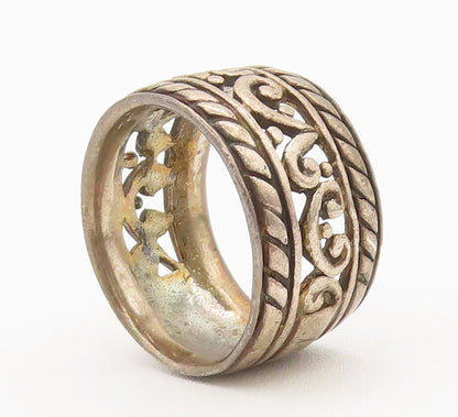 925 Sterling Silver Vintage Ring Swirls And Twisted Rope Carved Sz 9.5  RG27846