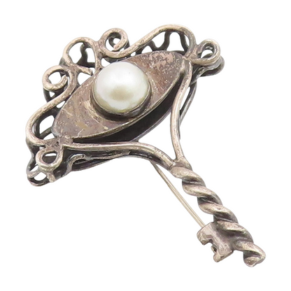 925 Sterling Silver Vintage Brooch Pin Round Pearl Elegant Scroll Key  BP12360