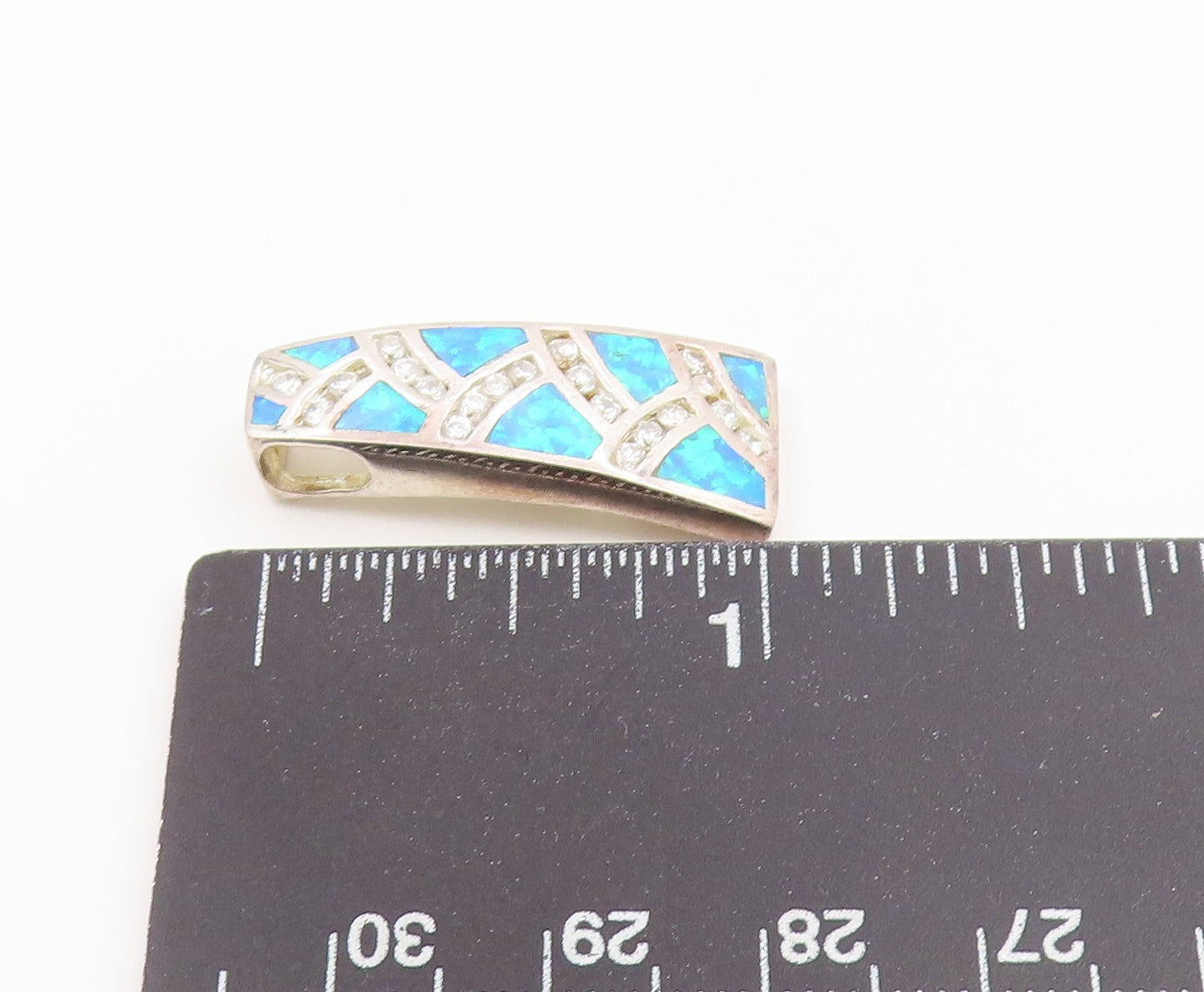 925 Sterling Silver Vintage Pendant Fire Opal & CZ Geometric Inlay Charm PT26646