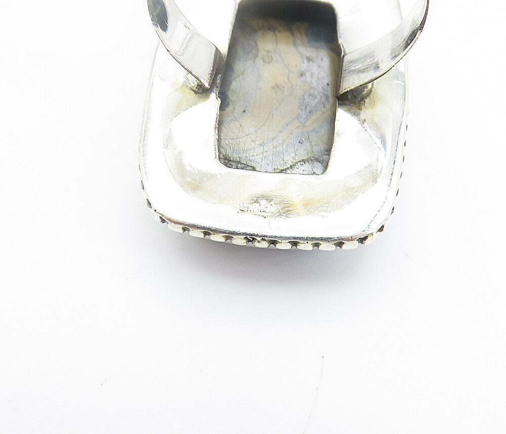 925 Sterling Silver  Cabochon Cut Brown Agate Square Cocktail Ring Sz 8 RG8141