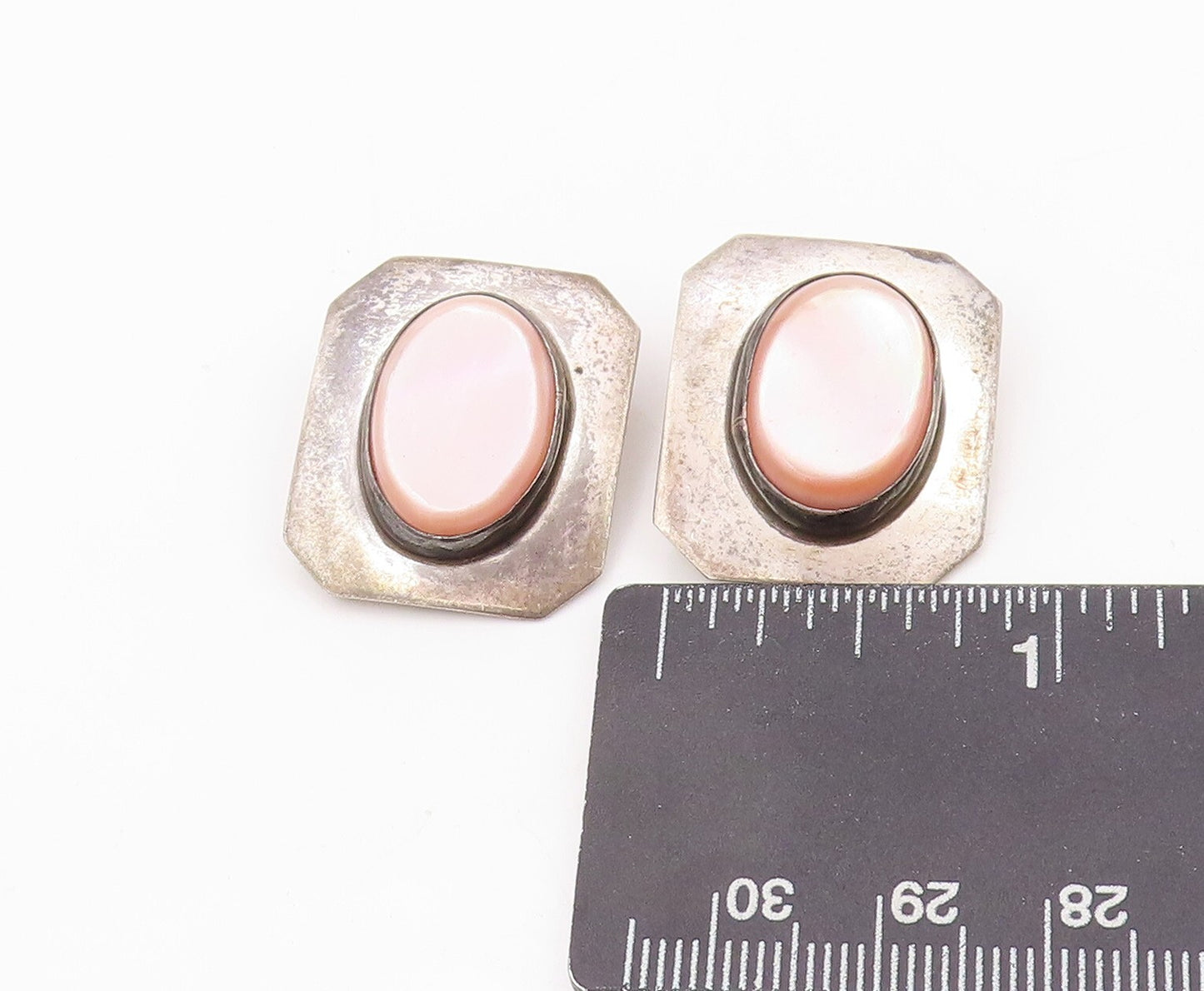 925 Sterling Silver Vintage Earrings Oval Pink Mother Of Pearls Inlay  EG13351