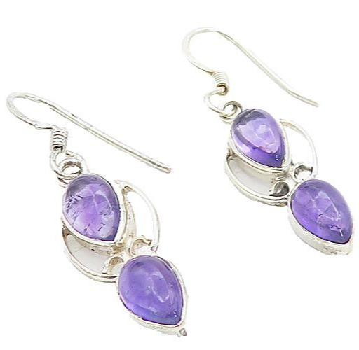 925 Sterling Silver  Tear Drop Amethyst Shiny Swirl Dangle Earrings  EG3238