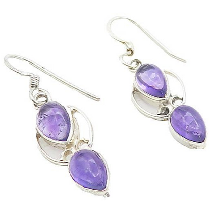 925 Sterling Silver  Tear Drop Amethyst Shiny Swirl Dangle Earrings  EG3238