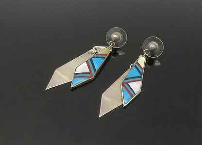 NAVAJO 925 Silver  Vintage Turquoise & Mother Of Pearl Dangle Earrings EG11083