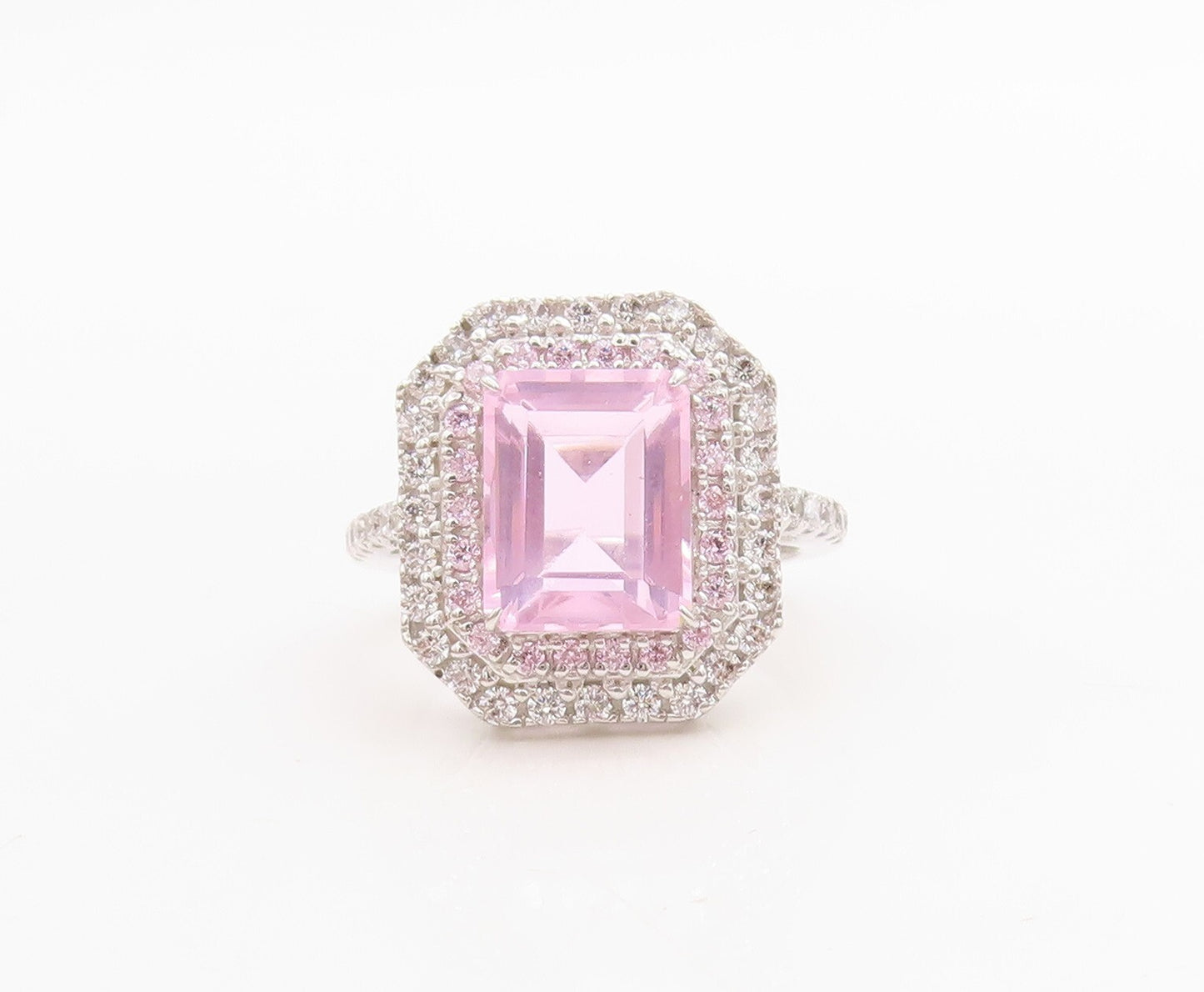 925 Sterling Silver Vintage Ring Rectangle Light Pink Halo White CZ Sz 7 RG30548