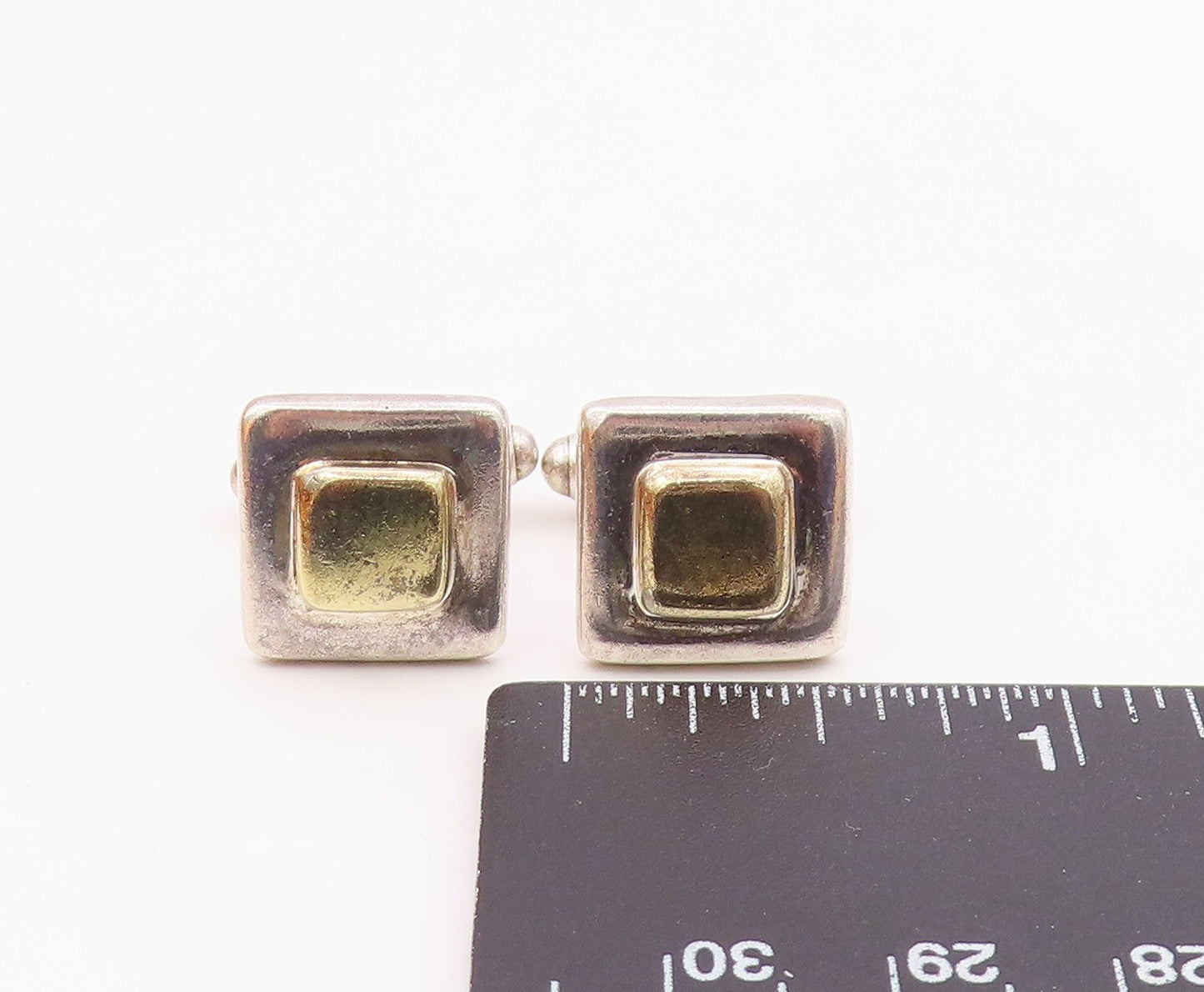925 Sterling Silver  Vintage Shiny Two Tone Square Cuff Links  TR1683