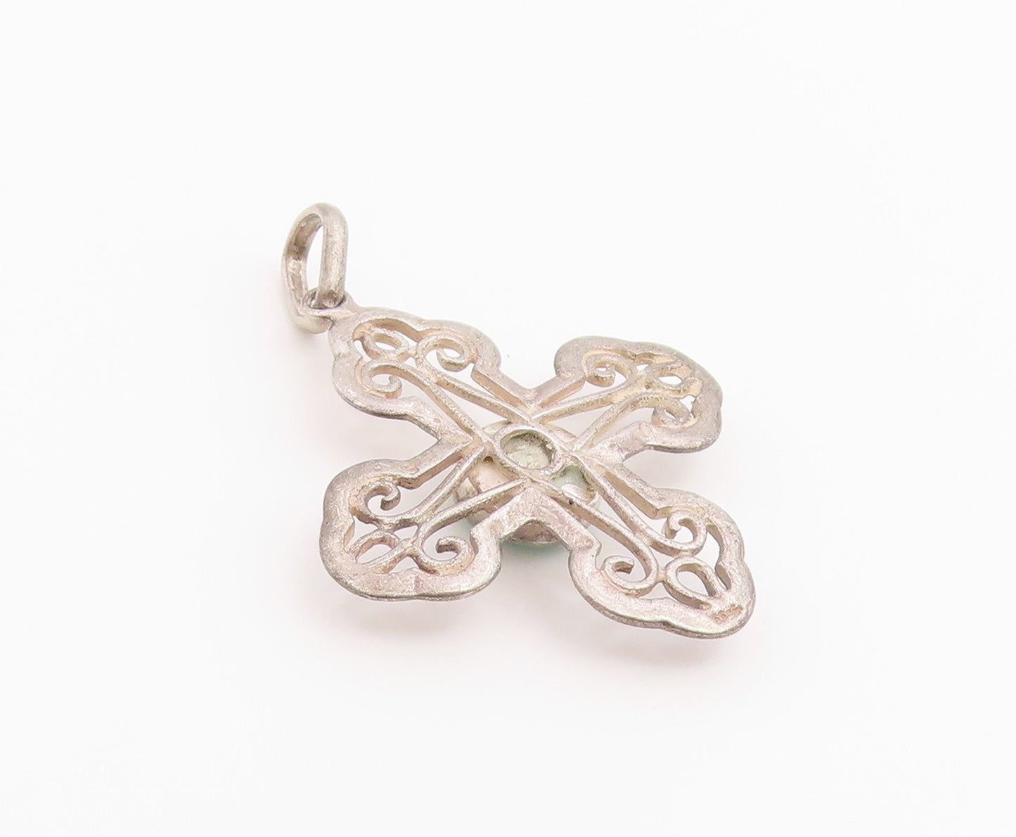 925 Sterling Silver Vintage Pendant Larimar Scrollwork Religious Cross  PT26523
