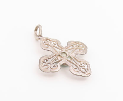 925 Sterling Silver Vintage Pendant Larimar Scrollwork Religious Cross  PT26523