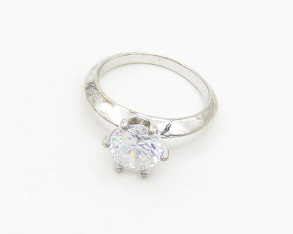 925 Sterling Silver  Vintage Shiny Cubic Zirconia Solitaire Ring Sz 7  RG19683
