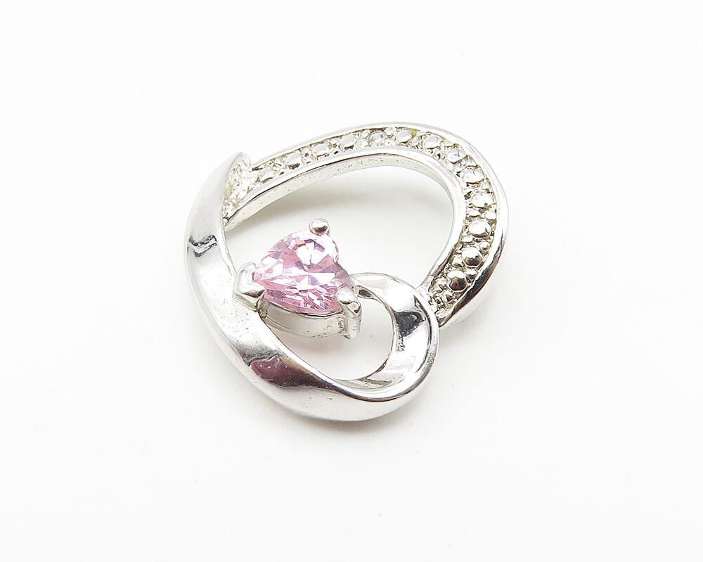 925 Sterling Silver  Pink Topaz Shiny Open Love Heart Motif Pendant  PT8306