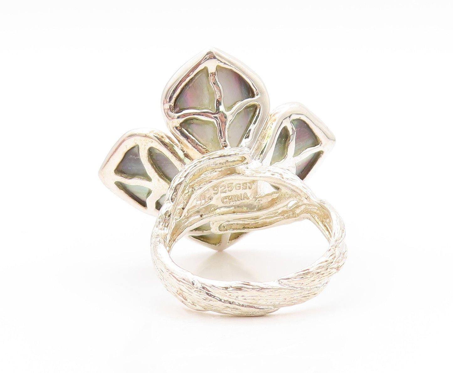925 Sterling Silver Vintage Ring Pearl Abalone Cutout Flower  SZ 10  RG32147