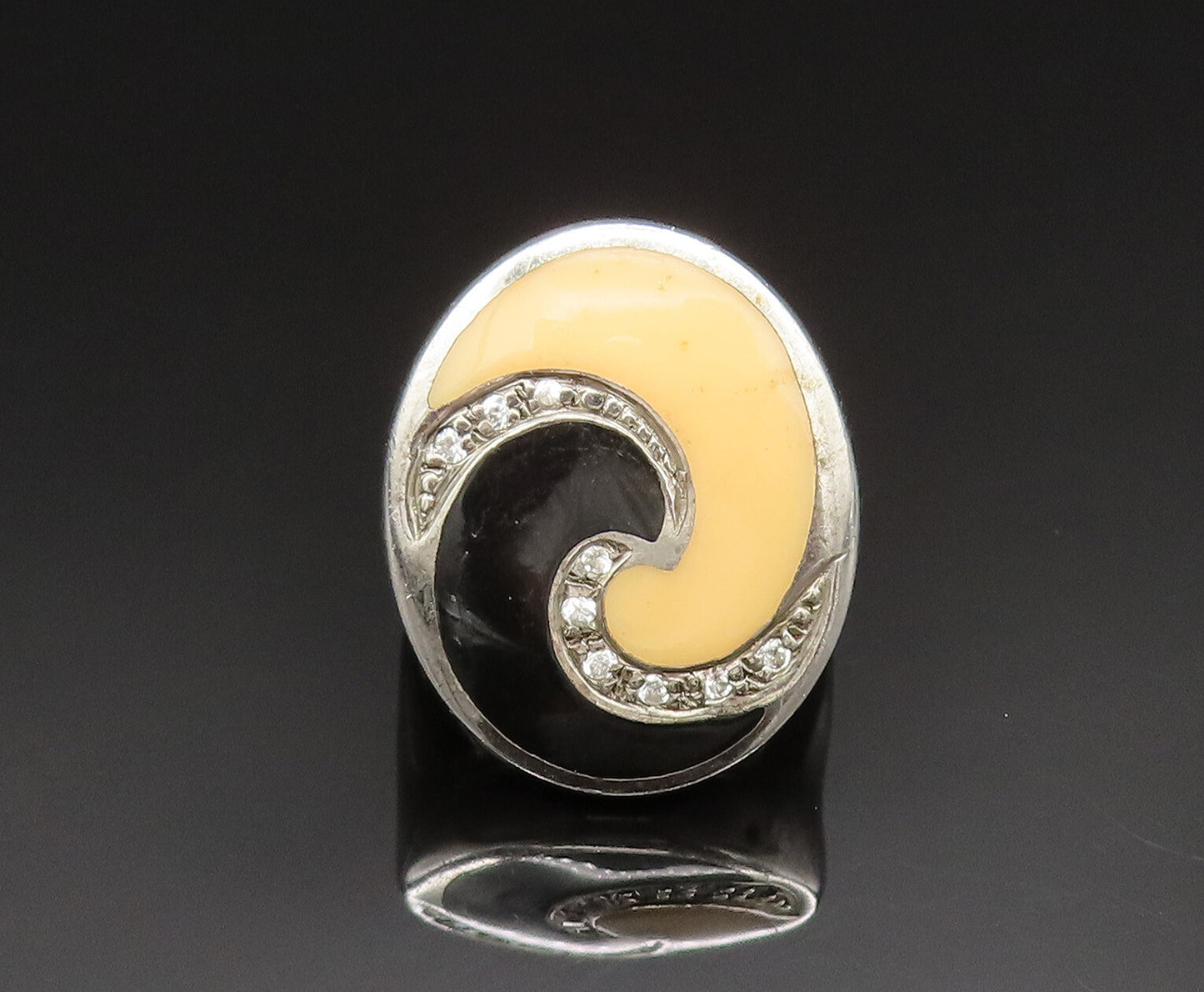 DAVID SIGAL 925 Silver  Vintage Onyx & Topaz Spiral Wave Ring Sz 8  RG24882
