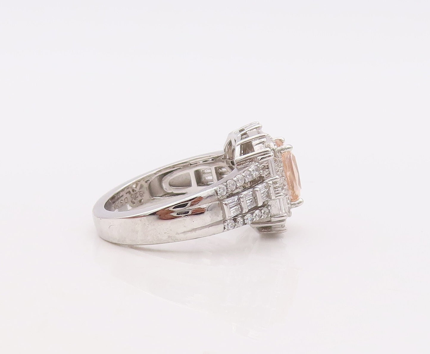 925 Sterling Silver Vintage Ring Rectangle Cut Morganite & CZ  Sz 7  RG29894