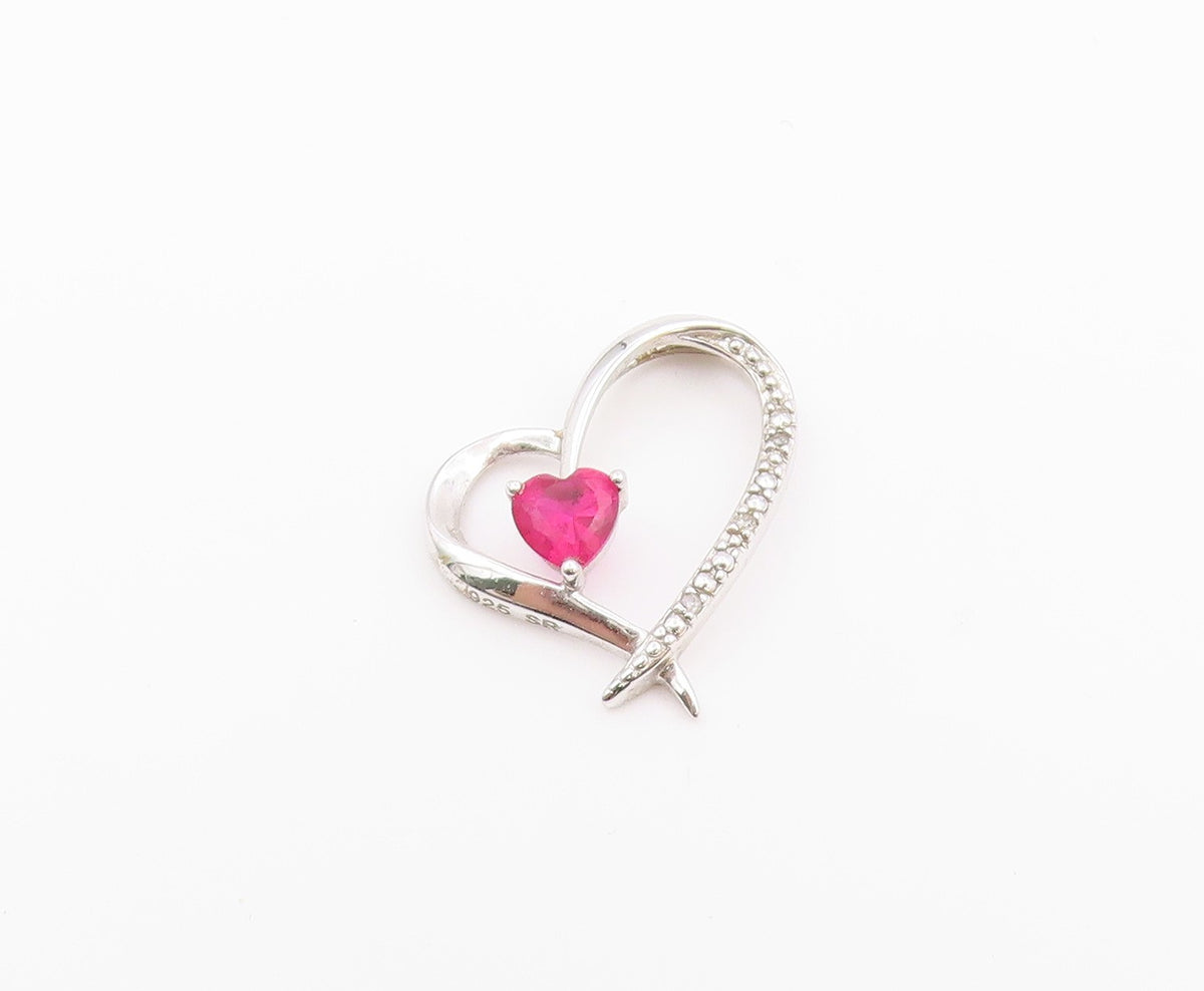 925 Silver  Vintage Genuine Diamond & Pink Topaz Love Heart Pendant  PT18993