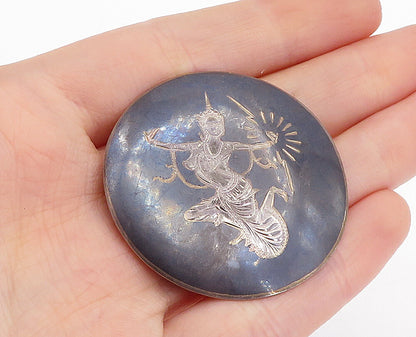 SIAM 925 Sterling Silver  Vintage Enamel Niello Dancer Round Brooch Pin BP1577
